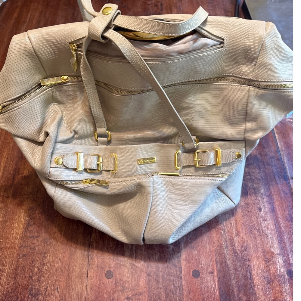 Joy Mangano Better Beauty Wheeled Duffel Bag Taupe Lizard Embossed Gold Hardware